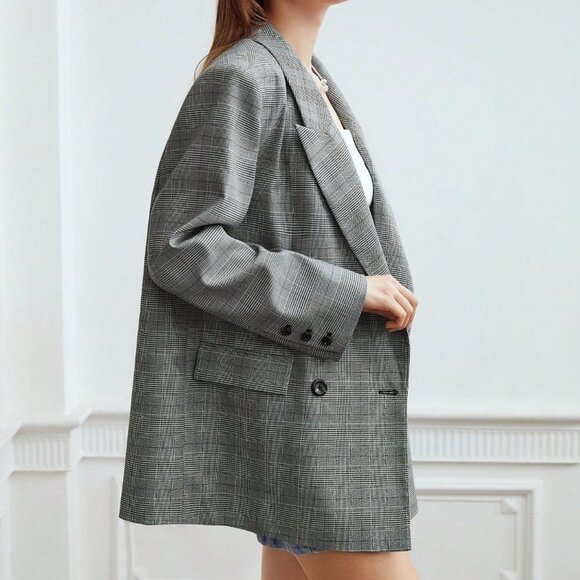 GREY PREPPY WOMENS PLAID OVERSIZED BLAZER - Picture 2 of 6